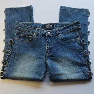Vintage Trendy Blue Cropped Jeans with Buckle and Rhinestone Accents